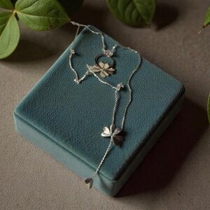 Silver 925 Floral Jewelry Set: Chain 24” Ring Size 7